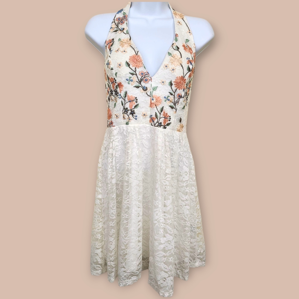Midnight Doll Baby Doll Halter Dress Lace Floral Embroidery Cottage‎ Junior.Sz 3